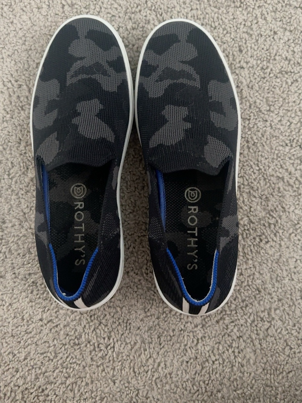 Rothy’s The Sneaker Camo Knit Slip On Shoes Black Blue Women’s 8
